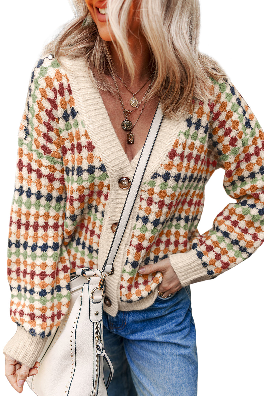 Multicolor Dotty Pattern Button Front V Neck Knit Cardigan