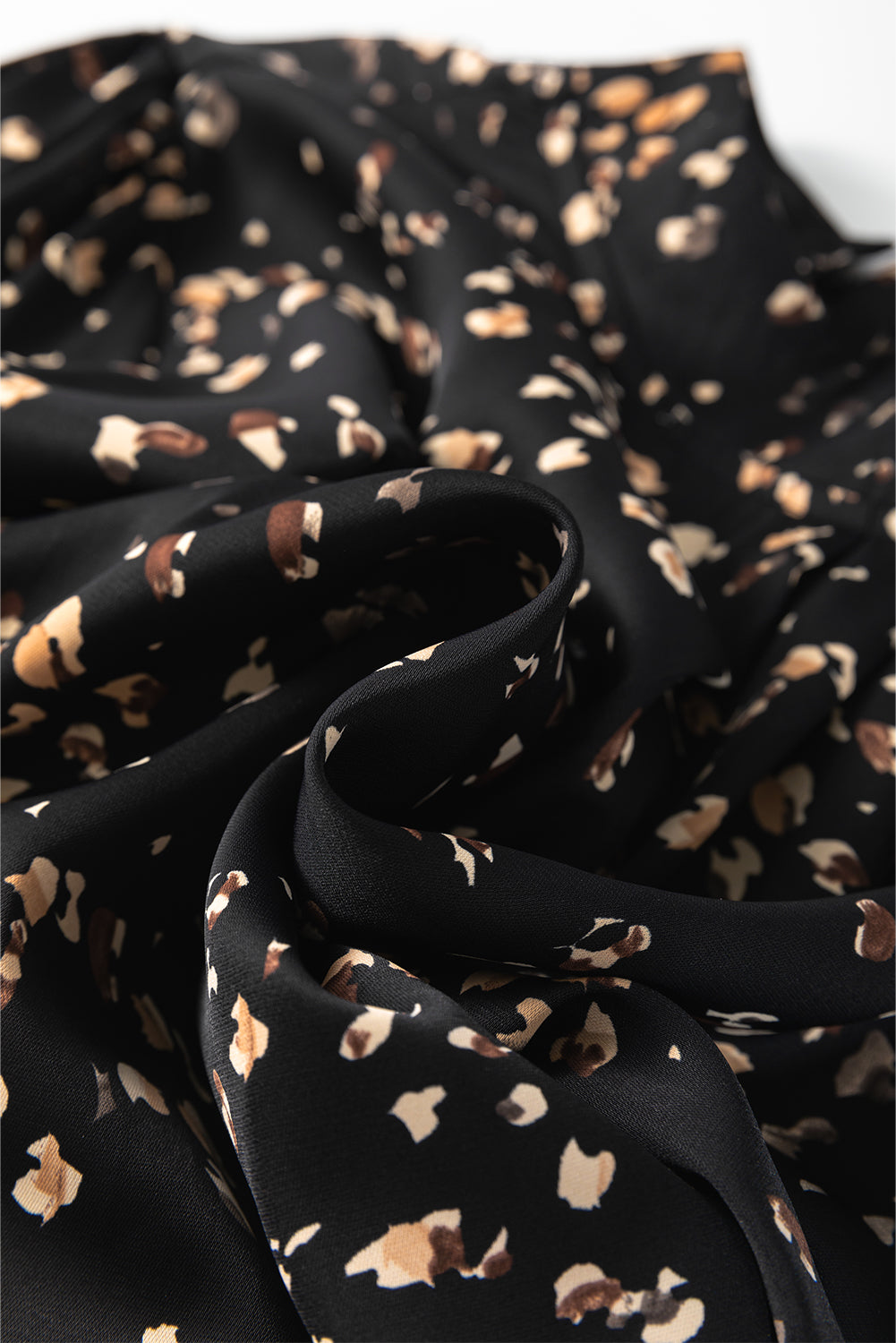 Black Leopard Print Puff Sleeve Mock Neck Pleated Blouse