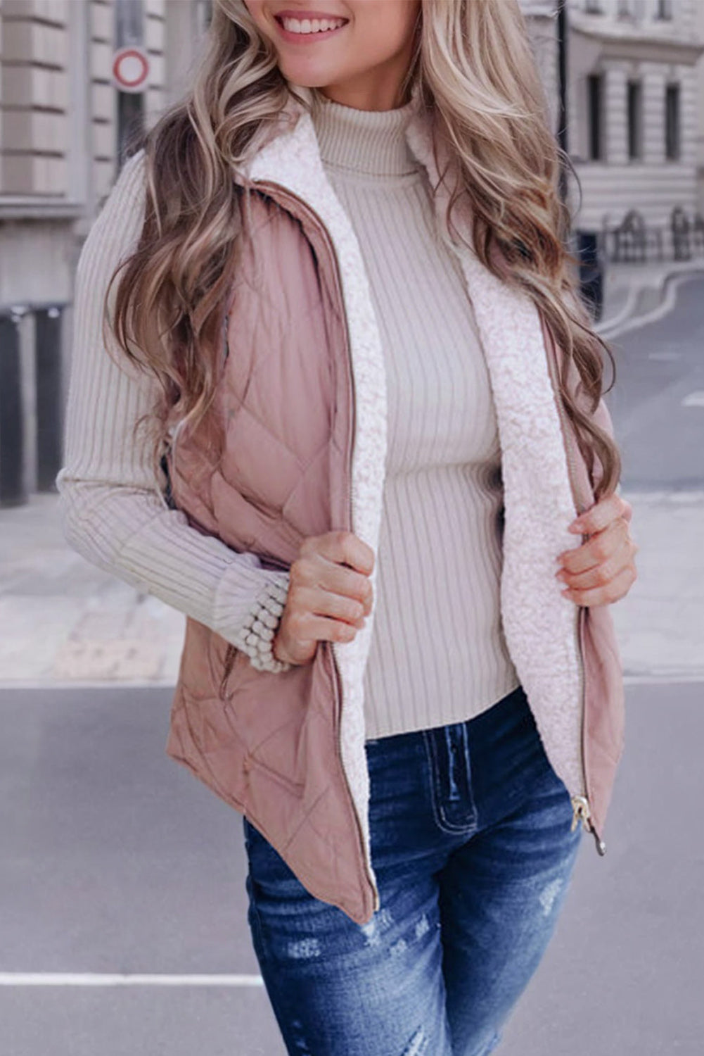 Pink Zip Up Fleece Lined Quilted Vest