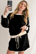Black Trim Loose Pullover Lace Up Waist Skort Set