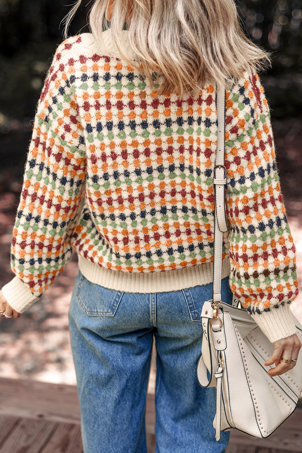 Multicolor Dotty Pattern Button Front V Neck Knit Cardigan