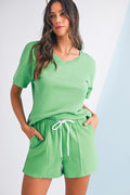 Mint Green V Neck Drop Shoulder Tee and Patchwork Shorts Set