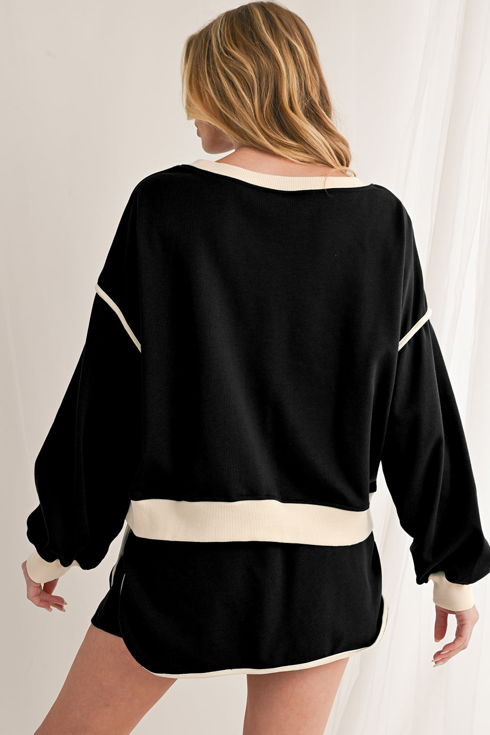 Black Trim Loose Pullover Lace Up Waist Skort Set
