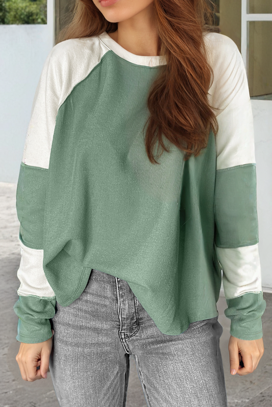 Mint Green Color Block Patchwork Raglan Long Sleeve Top