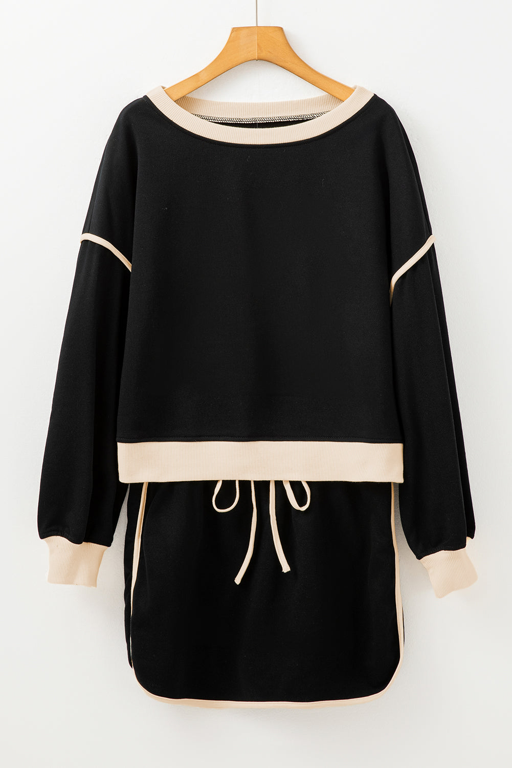 Black Trim Loose Pullover Lace Up Waist Skort Set