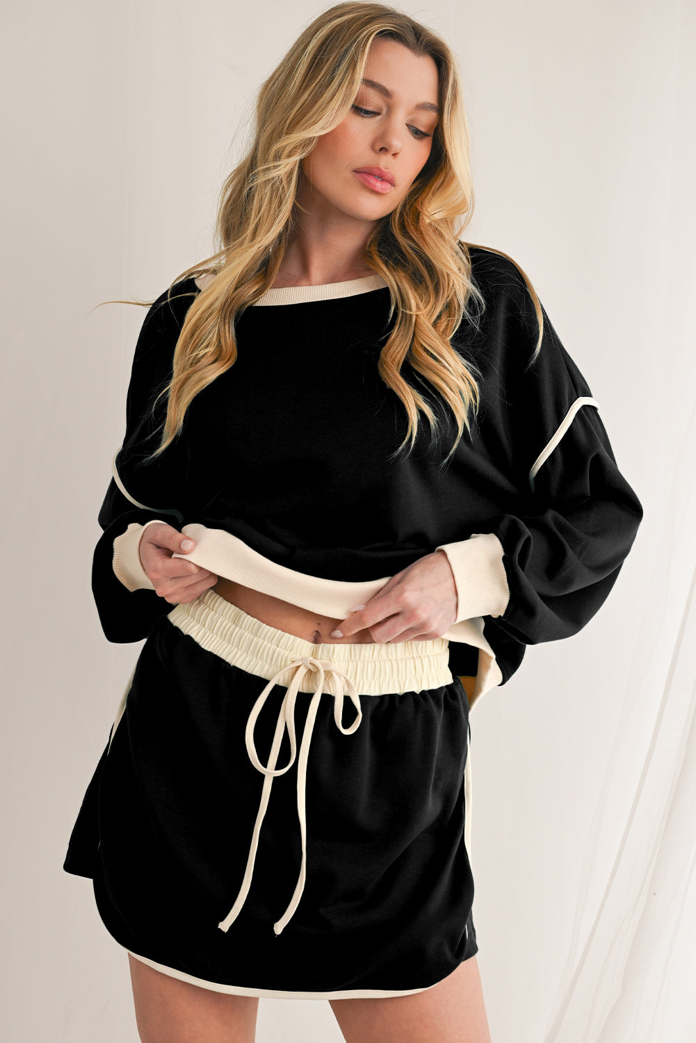 Black Trim Loose Pullover Lace Up Waist Skort Set